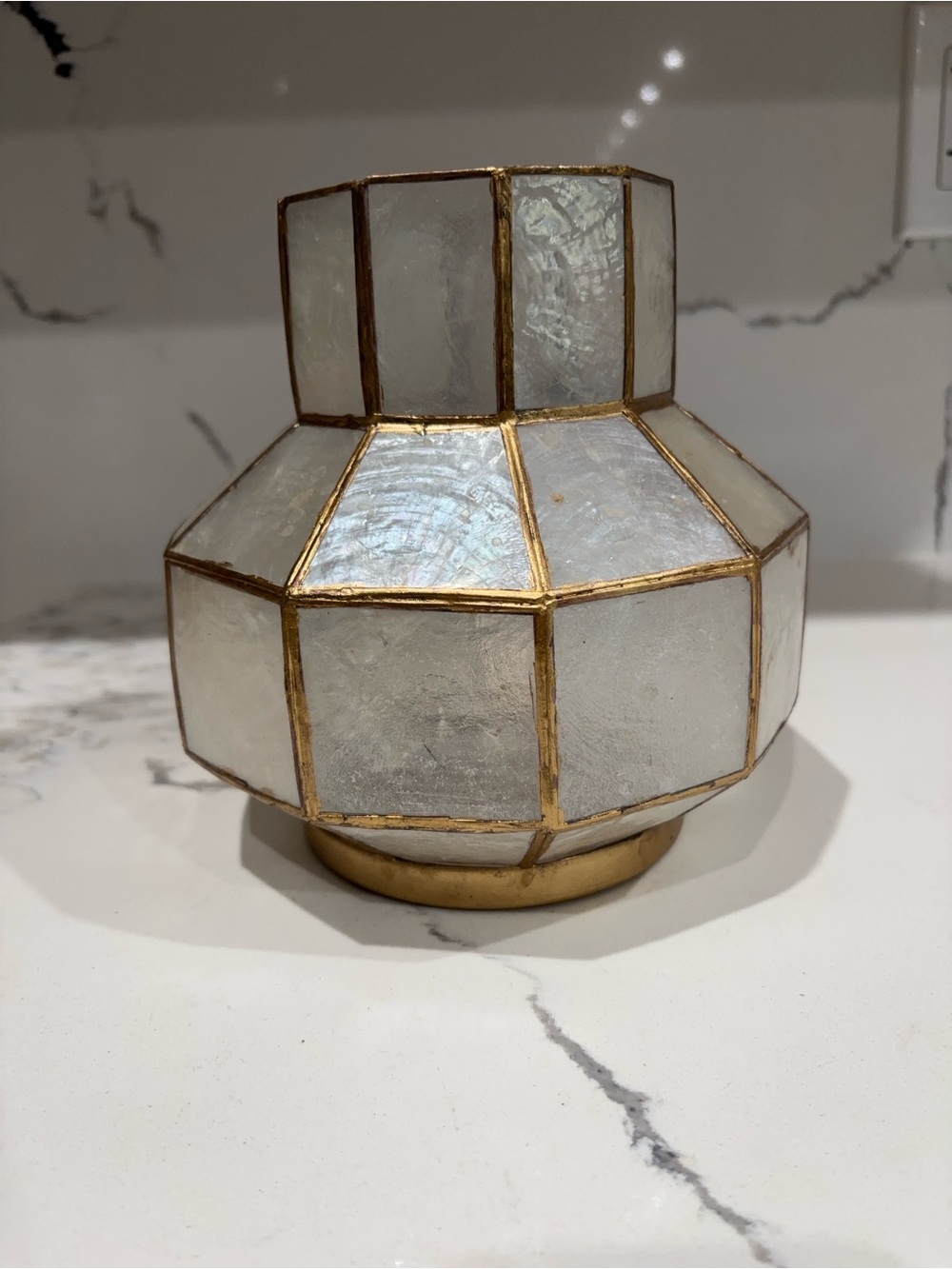 Vintage White Capiz and Gold Accent Decorative candle holder